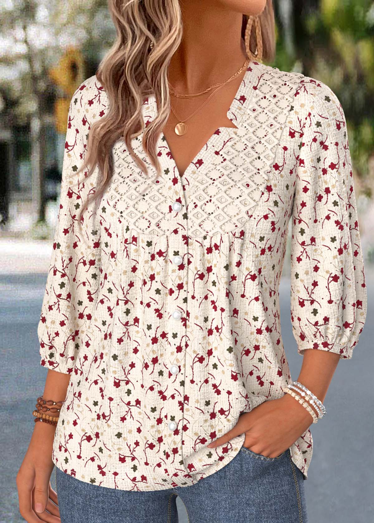 Beige Ditsy Floral Print Shirred 3/4 Sleeve Blouse | picture 