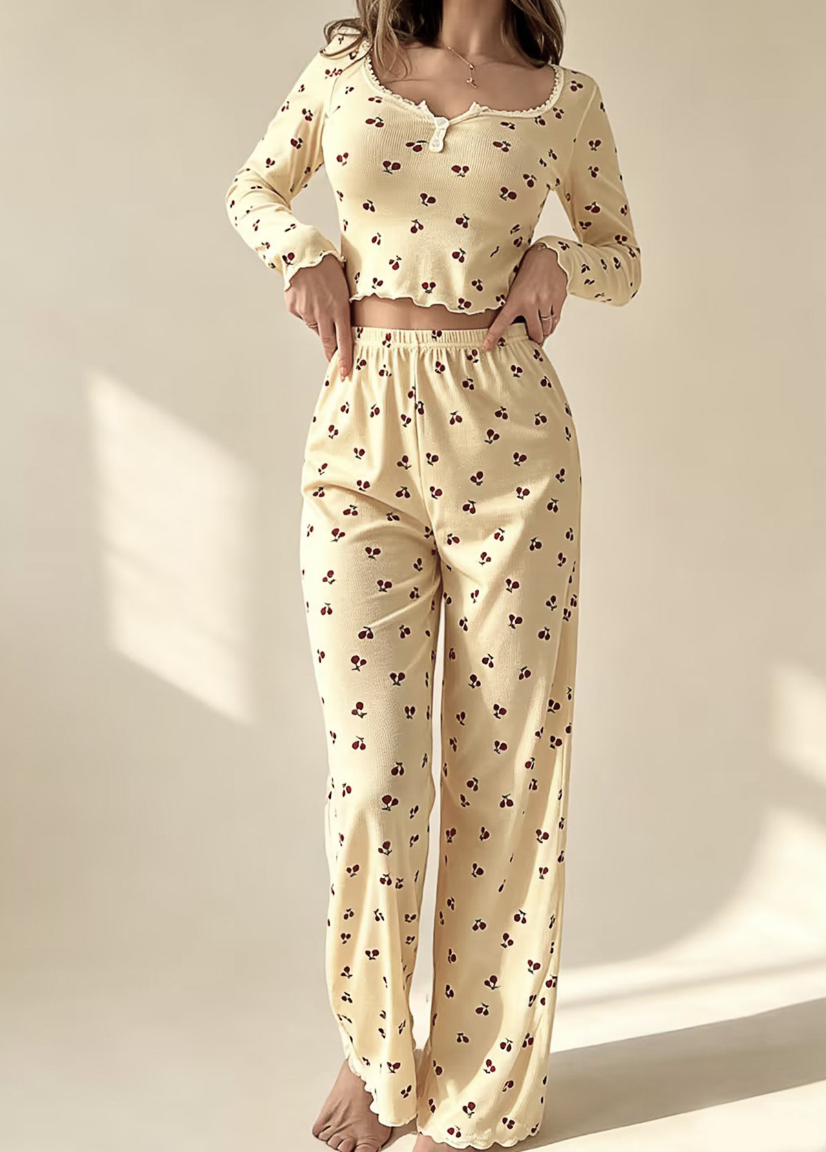Beige Fruit Printing Long Sleeve Lounge Top and Pants | picture 