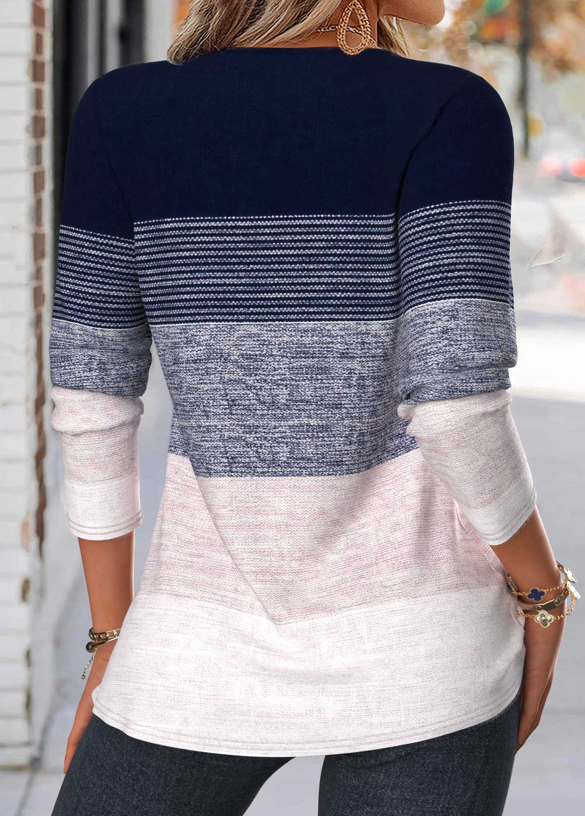 Navy Striped Tuck Stitch Long Sleeve T Shirt | picture 