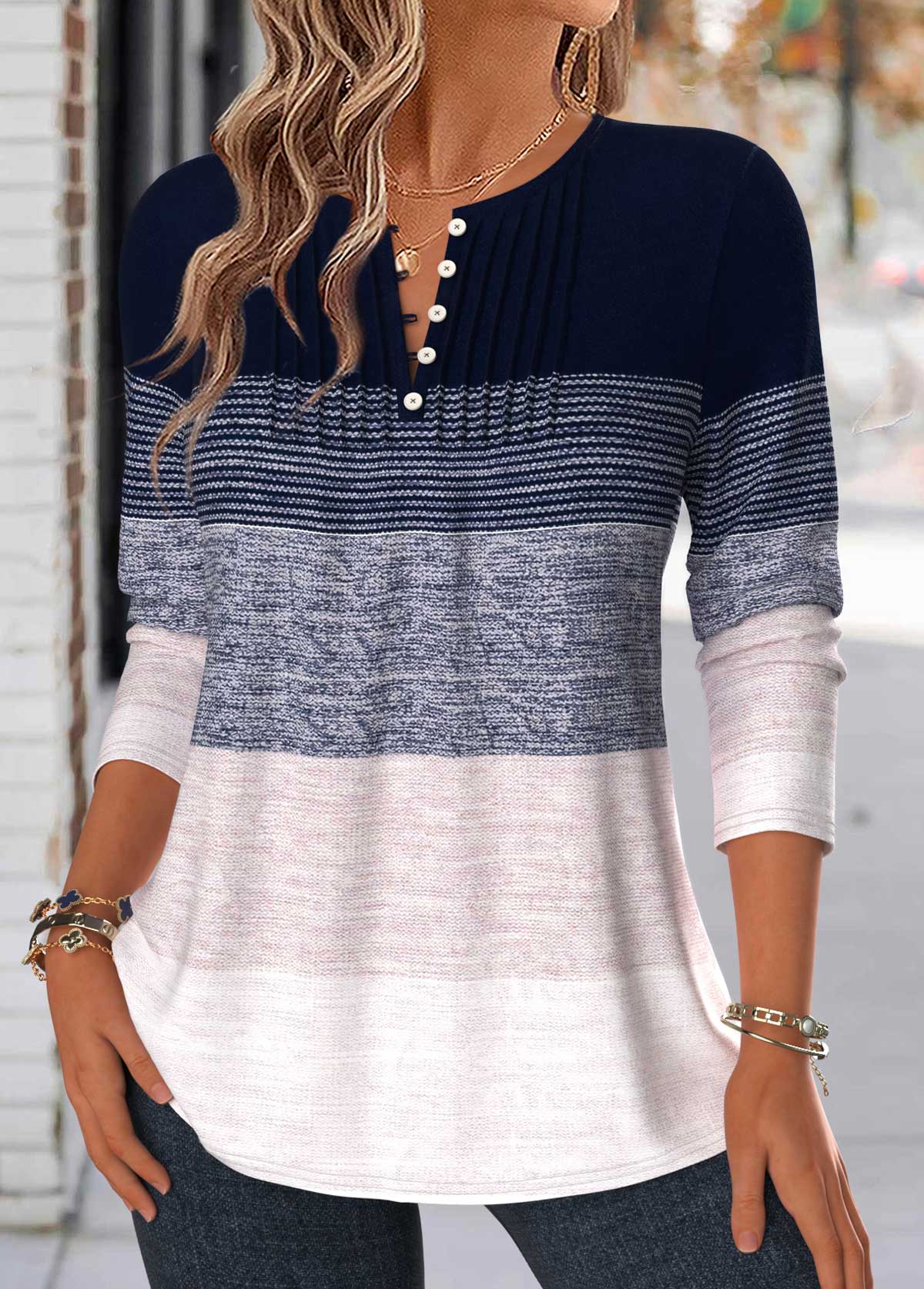 Navy Striped Tuck Stitch Long Sleeve T Shirt | picture 