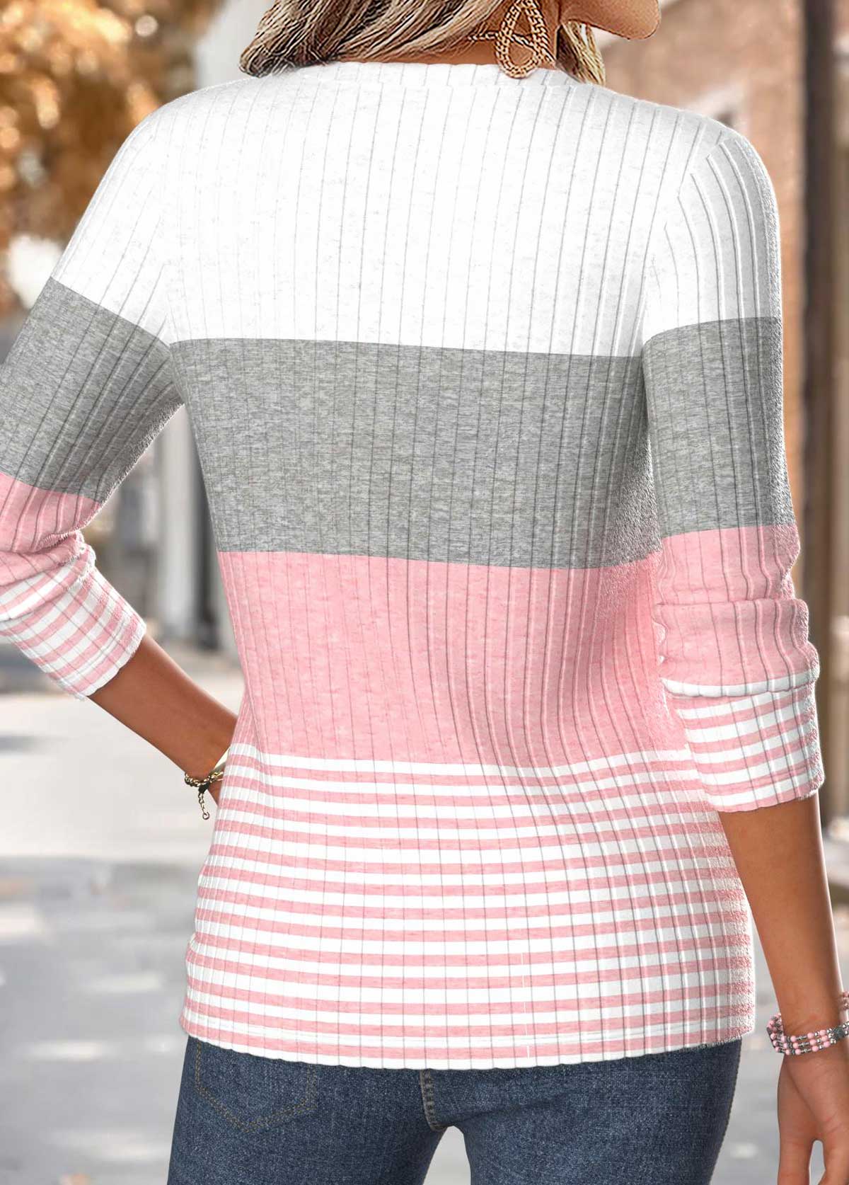 Pink Striped Curved Hem Long Sleeve T Shirt | picture 