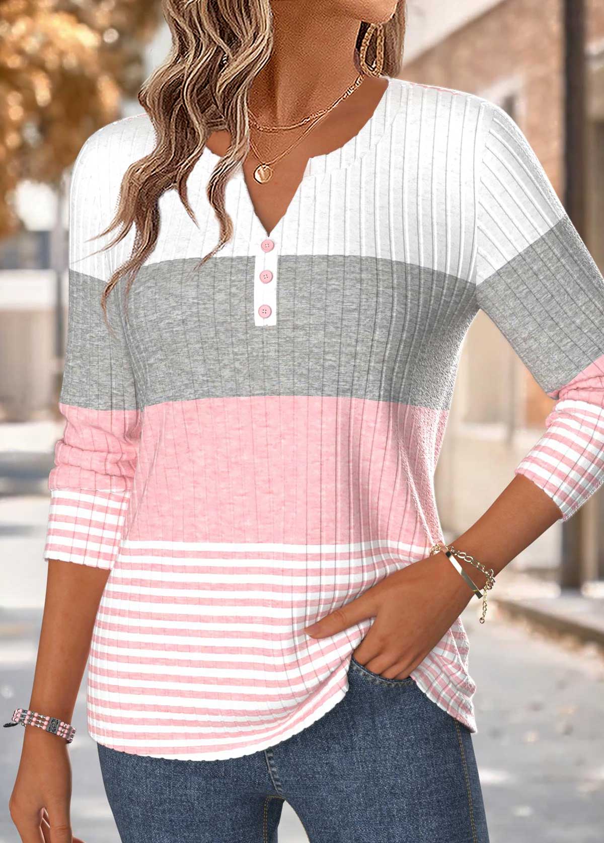 Pink Striped Curved Hem Long Sleeve T Shirt | picture 