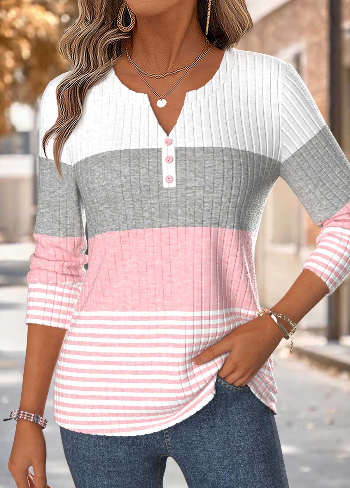Pink Striped Curved Hem Long Sleeve T Shirt | picture 