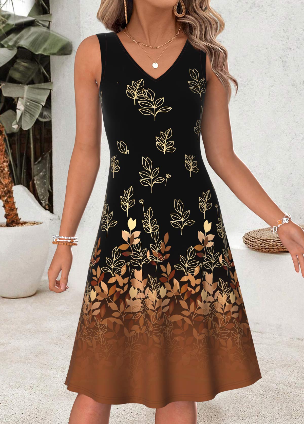 Black Leaf Print Two-piece Long Sleeve Dress and Cardigan | picture 