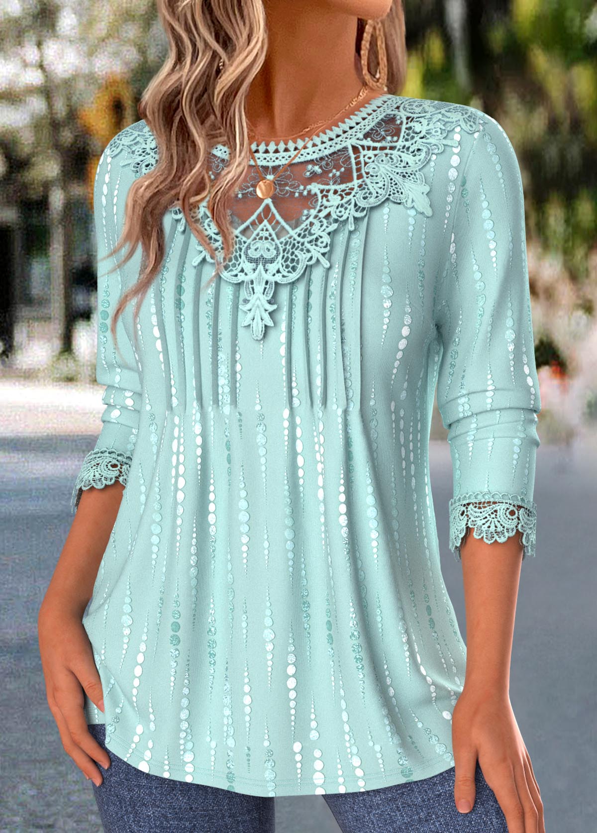 Cyan Polka Dot Tuck Stitch Long Sleeve T Shirt | picture 