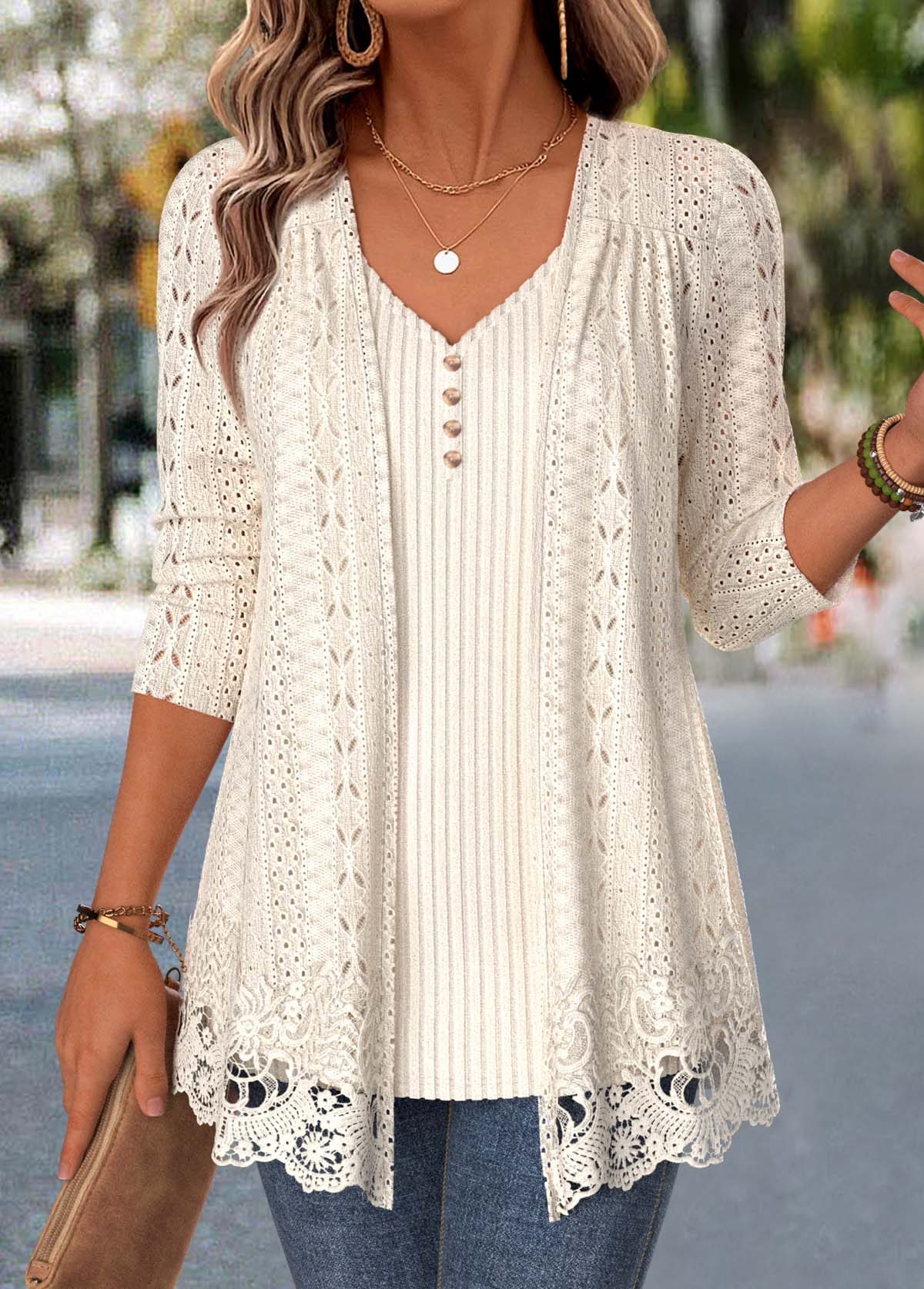 Beige Long Sleeve V Neck Fake Two Piece Twinset | picture 