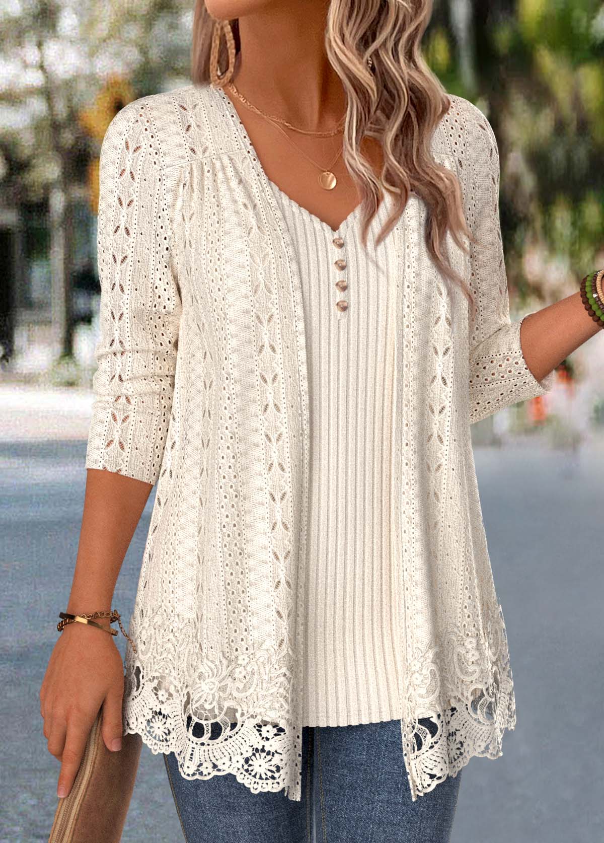 Beige Long Sleeve V Neck Fake Two Piece Twinset | picture 