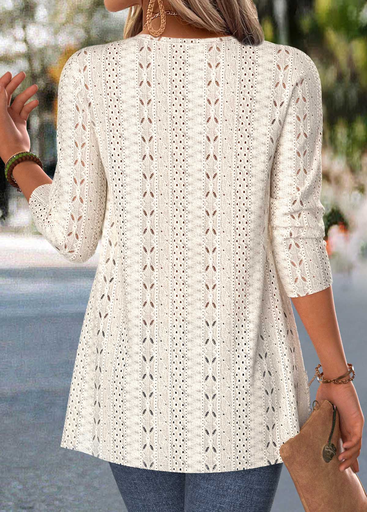 Beige Long Sleeve V Neck Fake Two Piece Twinset | picture 