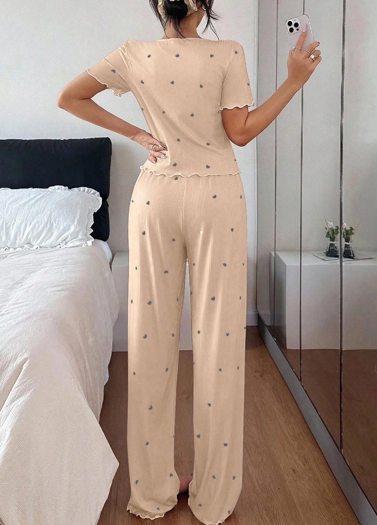 Champagne Heart Print Short Sleeve Lounge Top and Pants | picture 