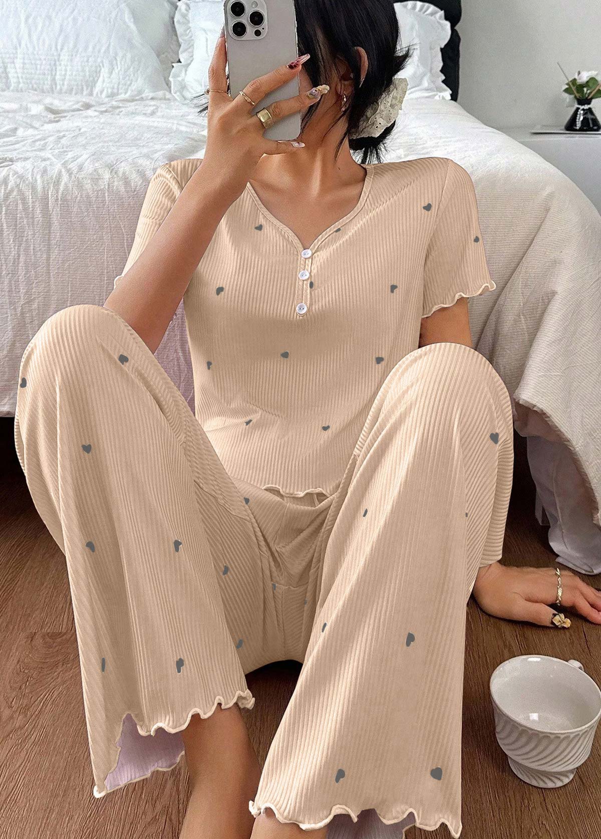 Champagne Heart Print Short Sleeve Lounge Top and Pants | picture 