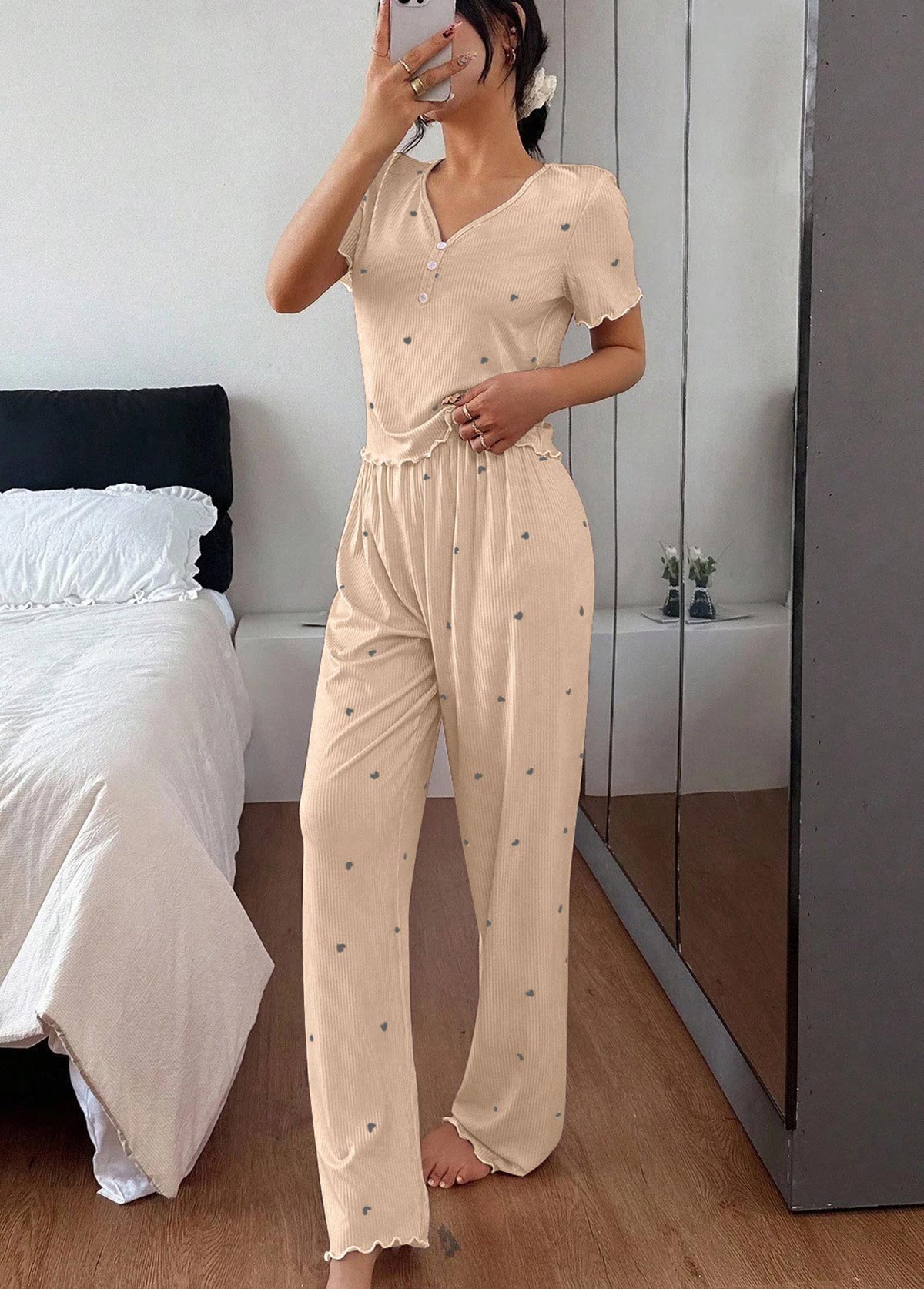 Champagne Heart Print Short Sleeve Lounge Top and Pants | picture 