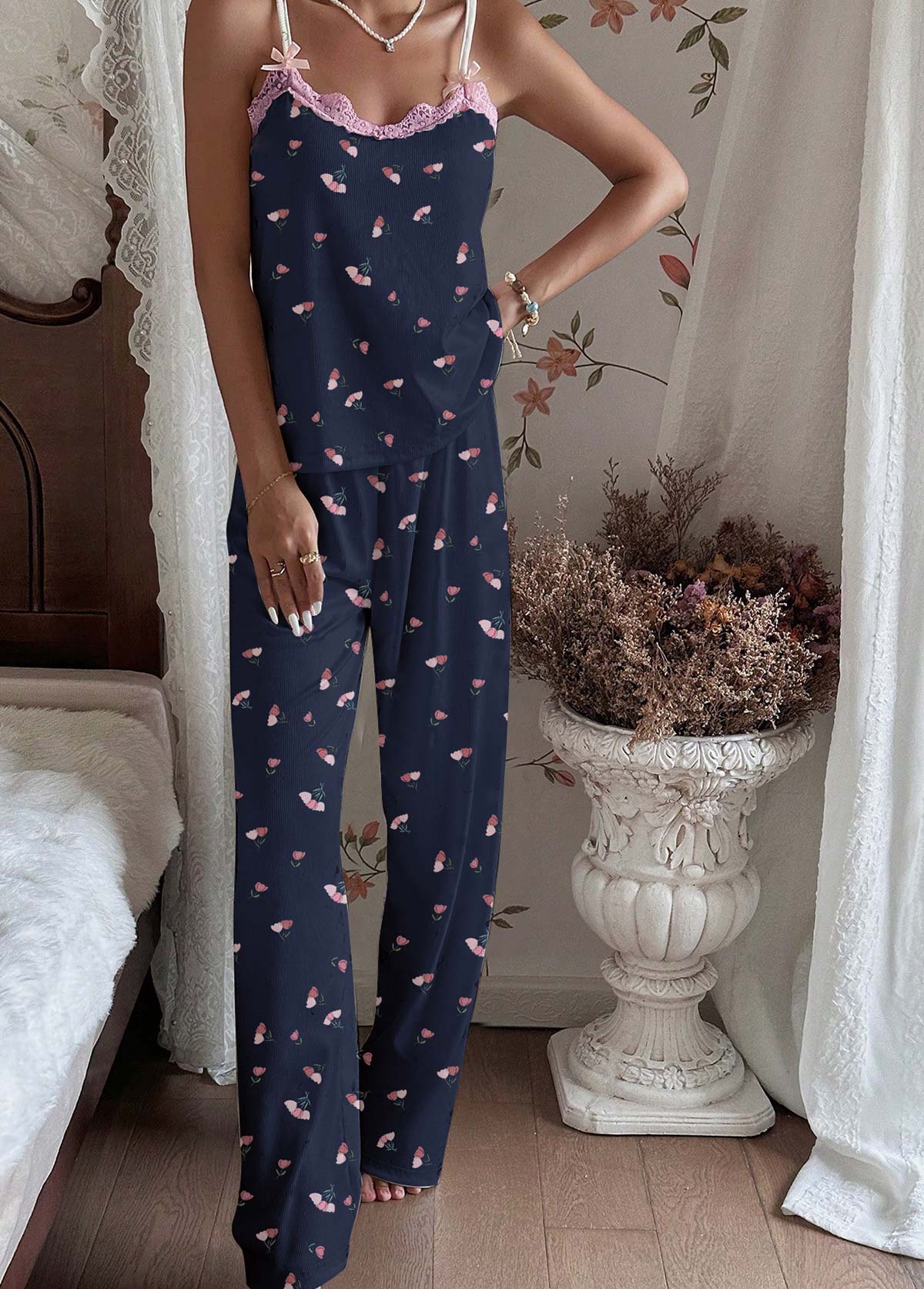 Navy Floral Print Strappy Lounge Top and Pants | picture 