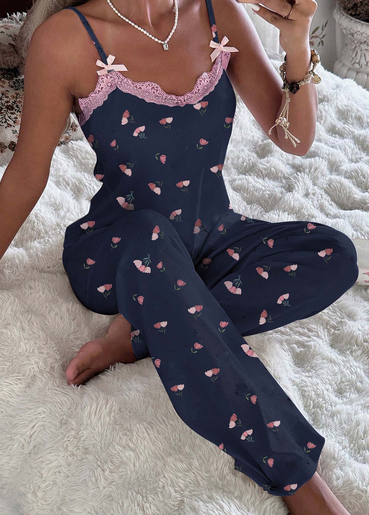 Navy Floral Print Strappy Lounge Top and Pants | picture 