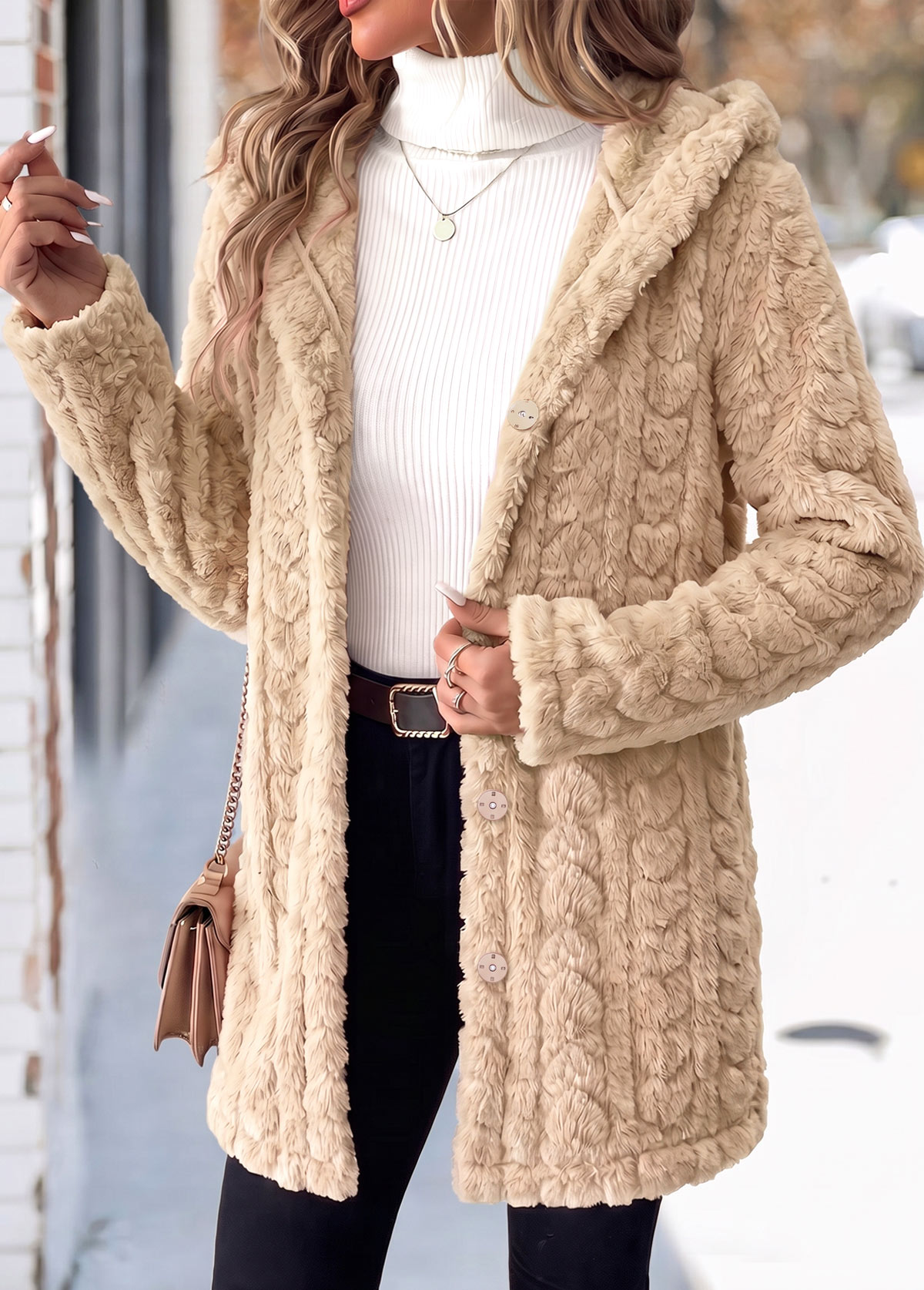 Light Camel Tummy Coverage Long Sleeve Hooded Coat | picture 