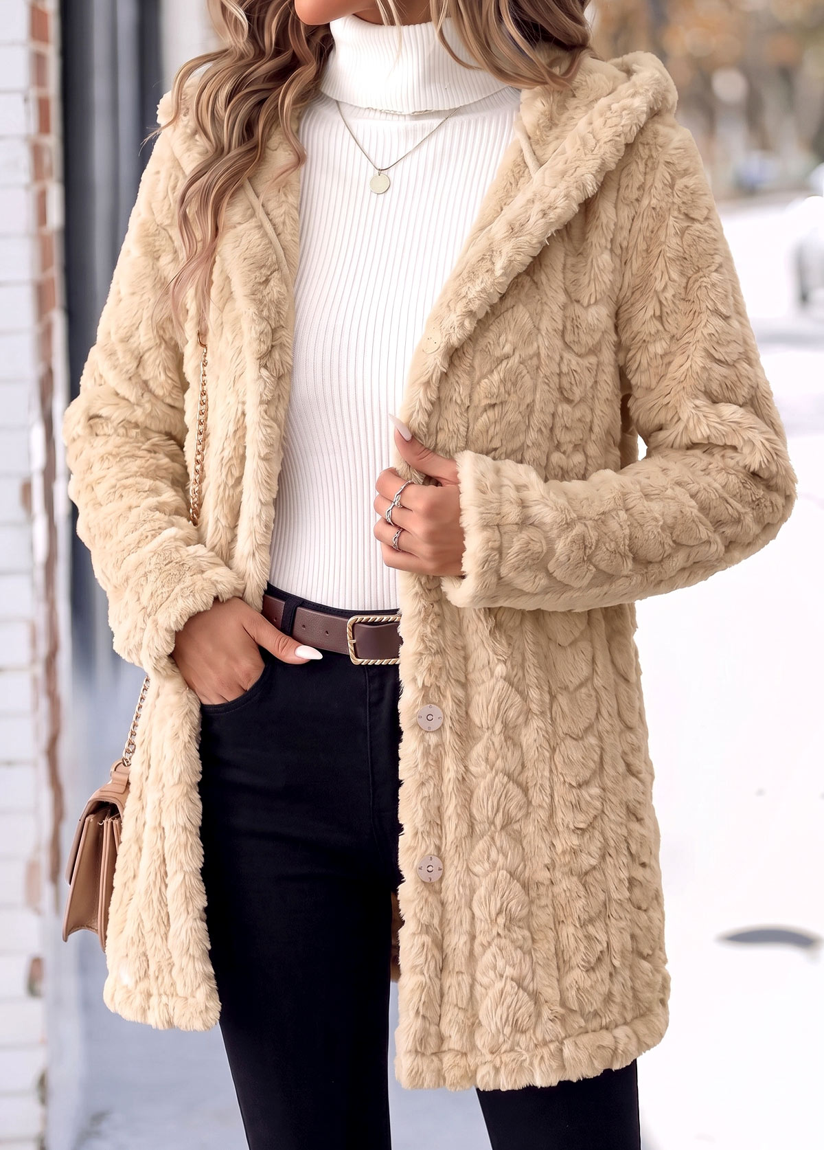 Light Camel Tummy Coverage Long Sleeve Hooded Coat | picture 