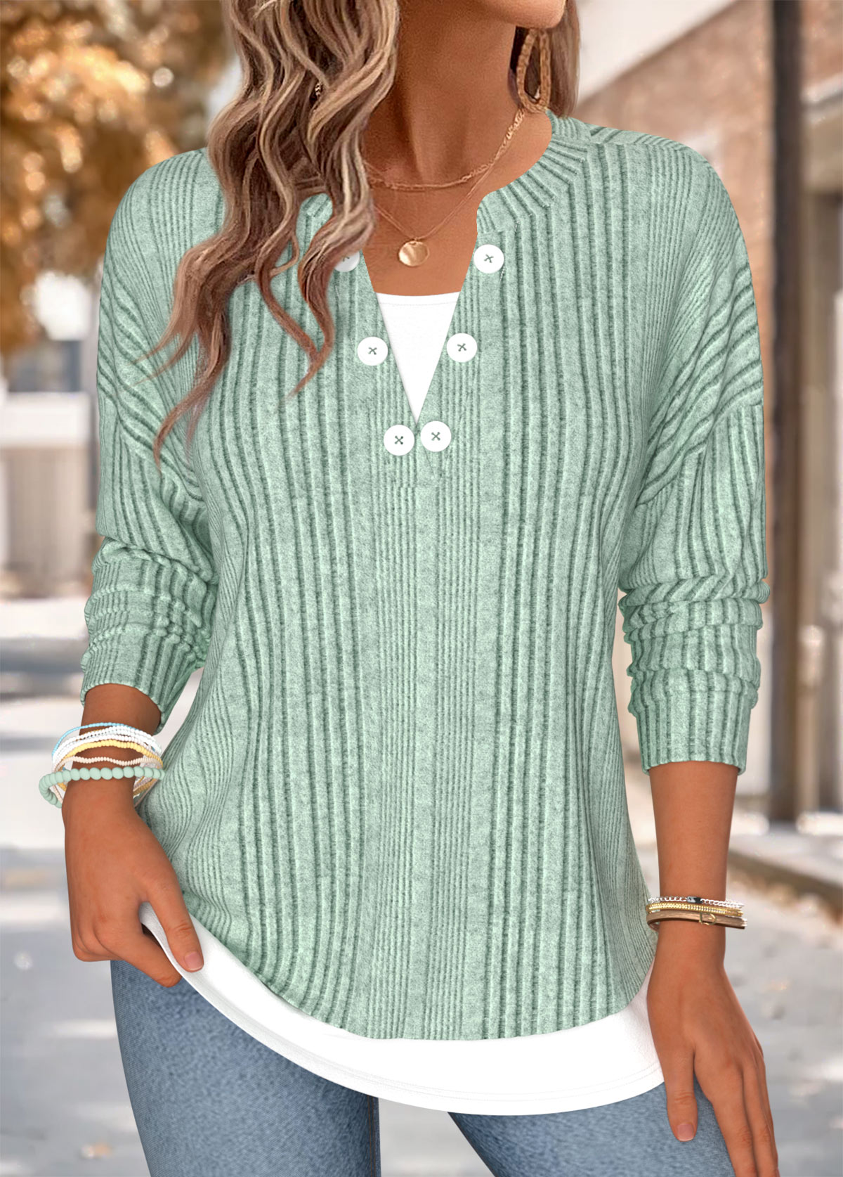 Sage Green Fake 2in1 Long Sleeve T Shirt | picture 