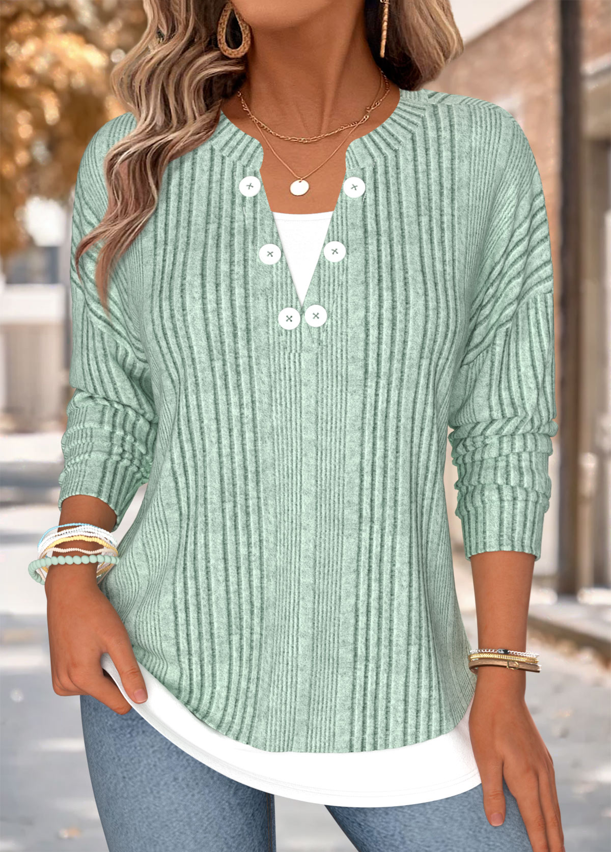 Sage Green Fake 2in1 Long Sleeve T Shirt | picture 
