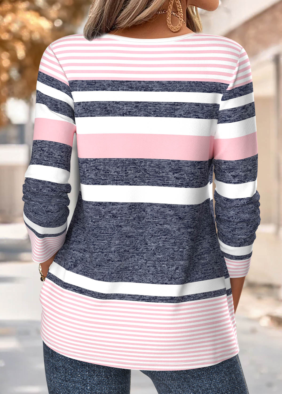 Multi Color Striped Tuck Stitch Long Sleeve T Shirt | picture 