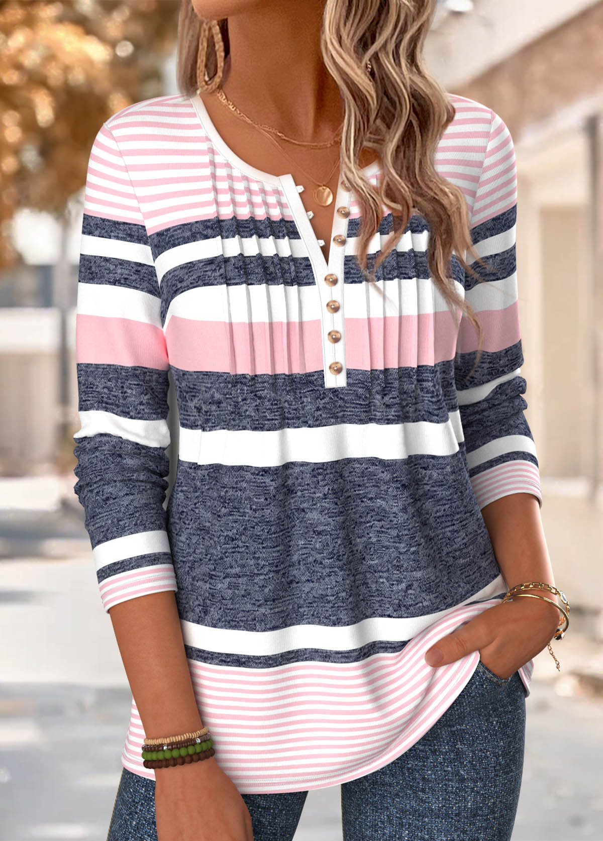 Multi Color Striped Tuck Stitch Long Sleeve T Shirt | picture 