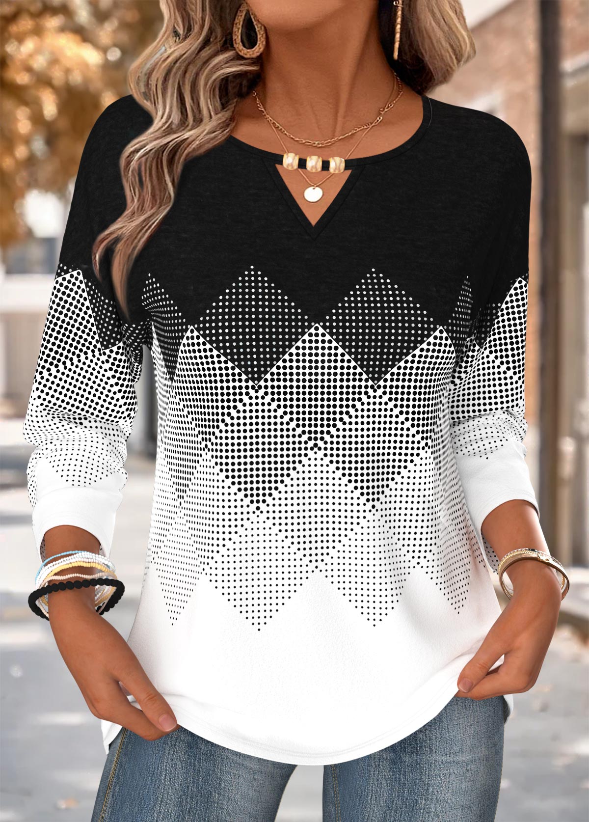 Black Geometric Print Curved Hem Long Sleeve T Shirt | picture 