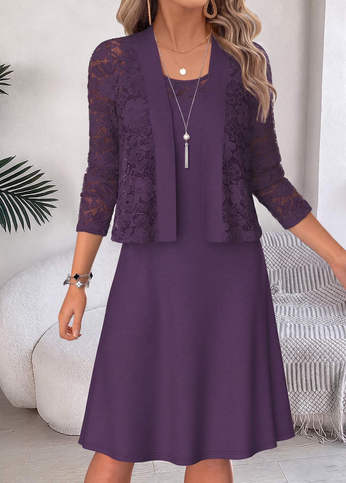 Purple Two-piece Half Sleeve Round Neck Dress and Cardigan | picture 