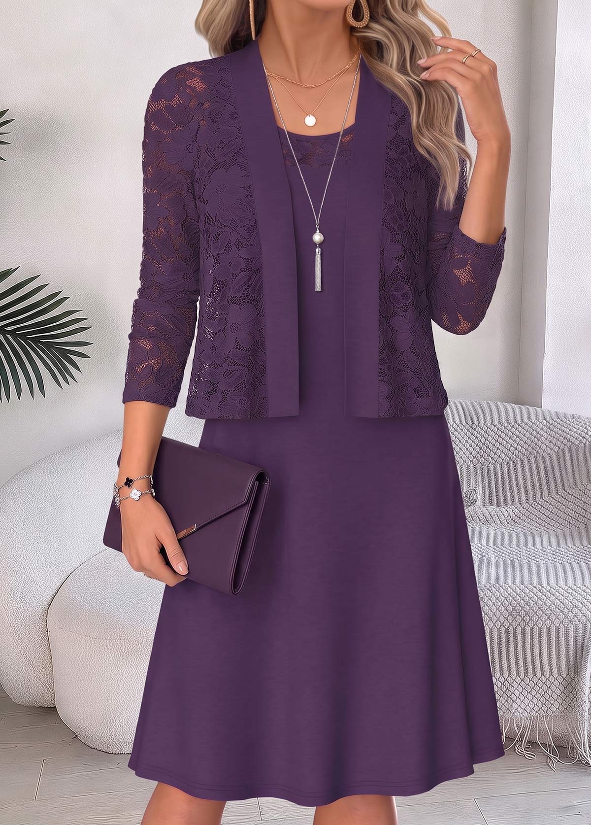 Purple Two-piece Half Sleeve Round Neck Dress and Cardigan | picture 