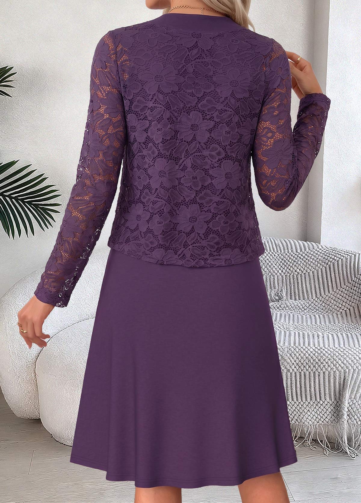 Purple Two-piece Half Sleeve Round Neck Dress and Cardigan | picture 