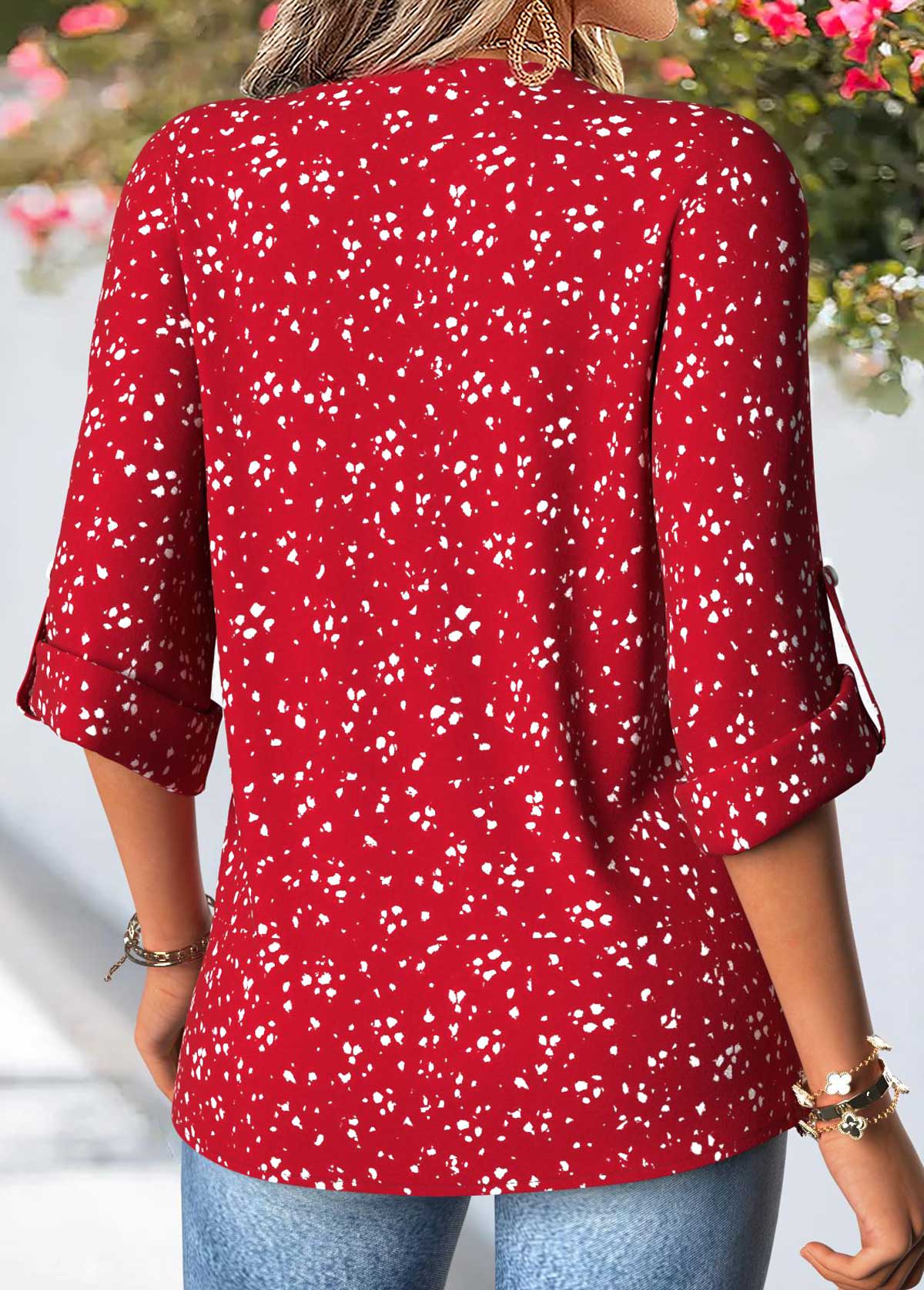 Red Geometric Print Patchwork 3/4 Sleeve Split Neck Shirt | picture 
