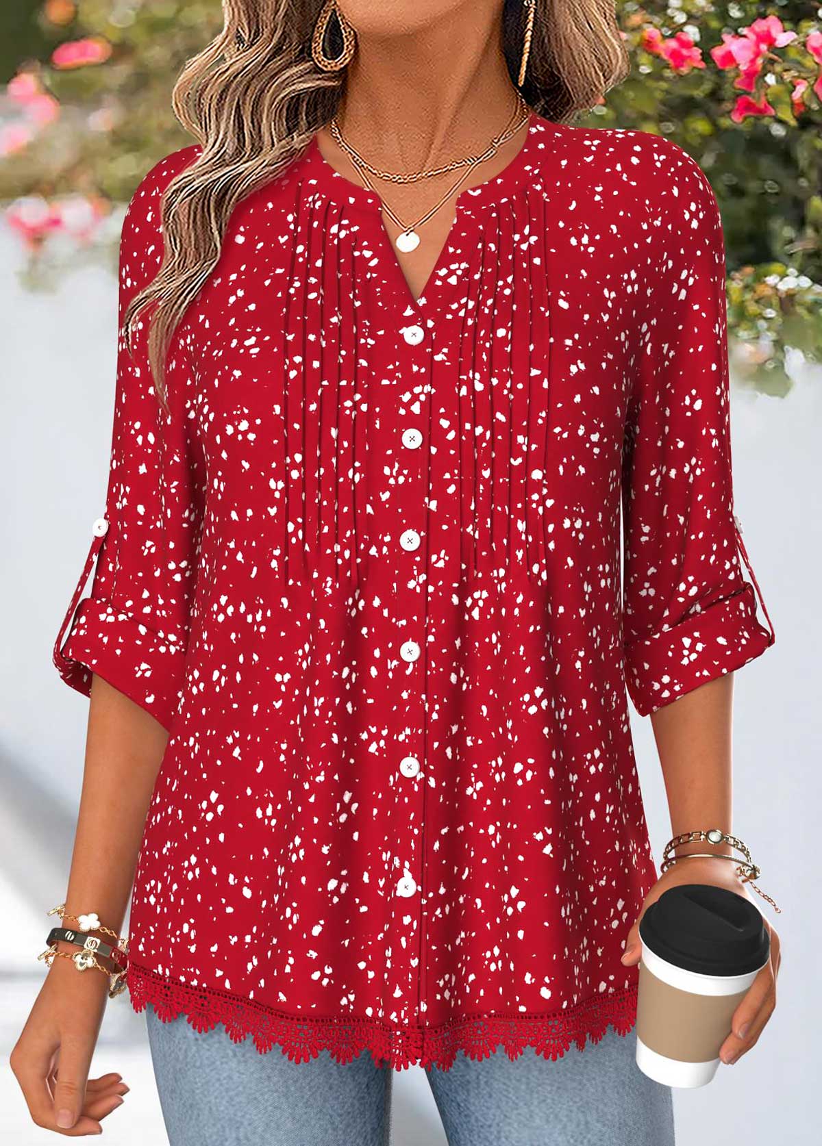 Red Geometric Print Patchwork 3/4 Sleeve Split Neck Shirt | picture 