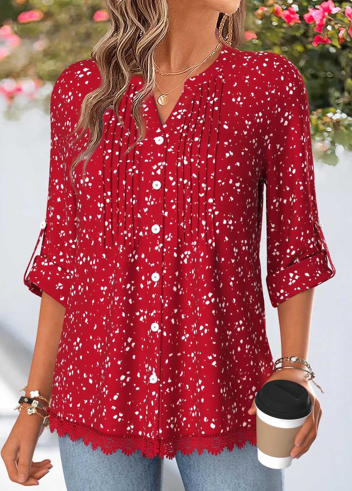 Red Geometric Print Patchwork 3/4 Sleeve Split Neck Shirt | picture 