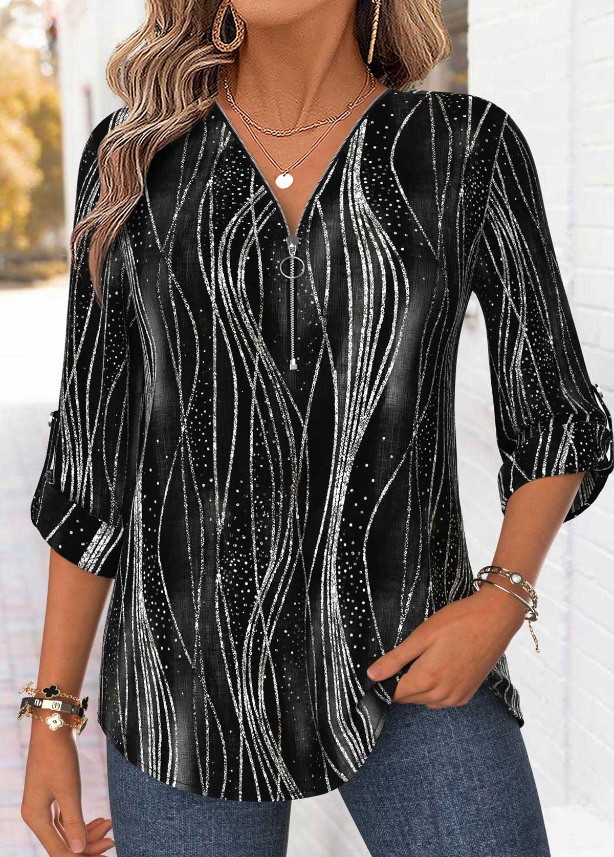Black Ombre Curved Hem 3/4 Sleeve V Neck Blouse | picture 