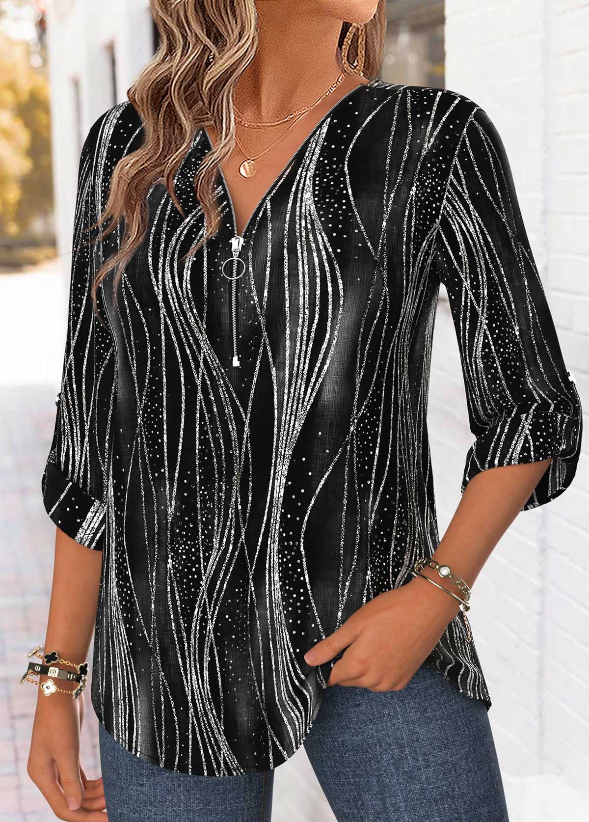 Black Ombre Curved Hem 3/4 Sleeve V Neck Blouse | picture 