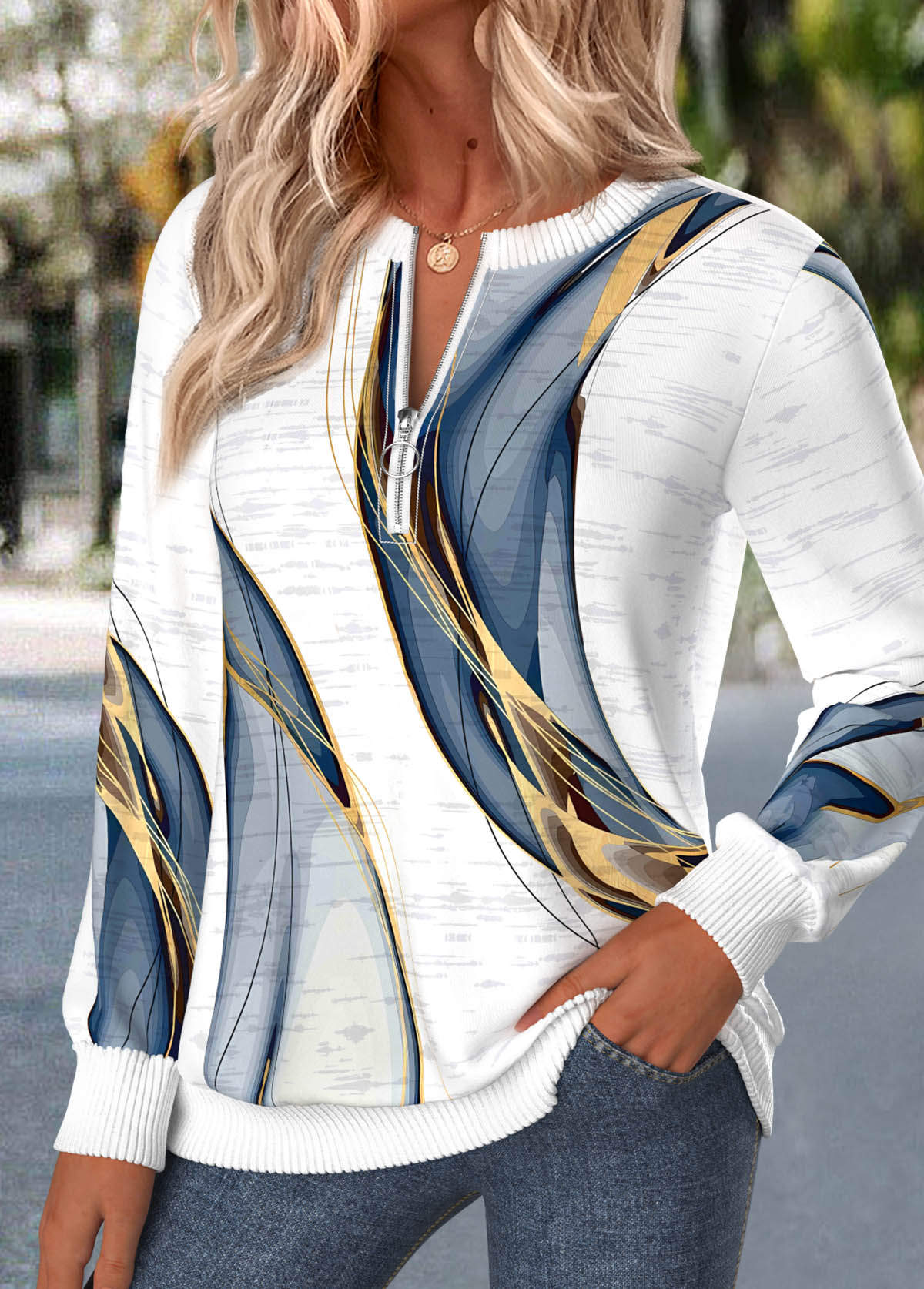 White Geometric Print Zipper Long Sleeve Round Neck Sweatshirt | picture 