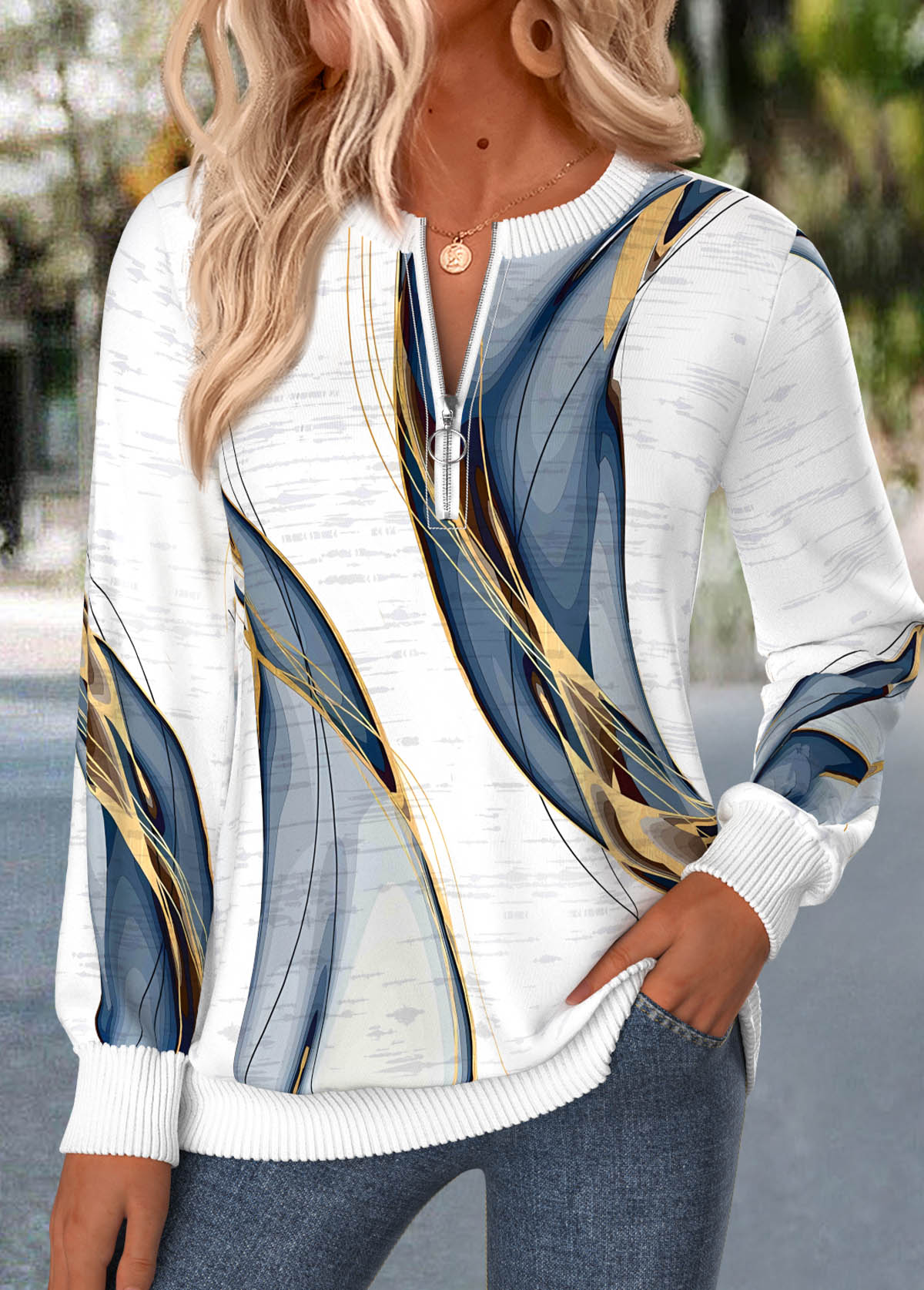 White Geometric Print Zipper Long Sleeve Round Neck Sweatshirt | picture 