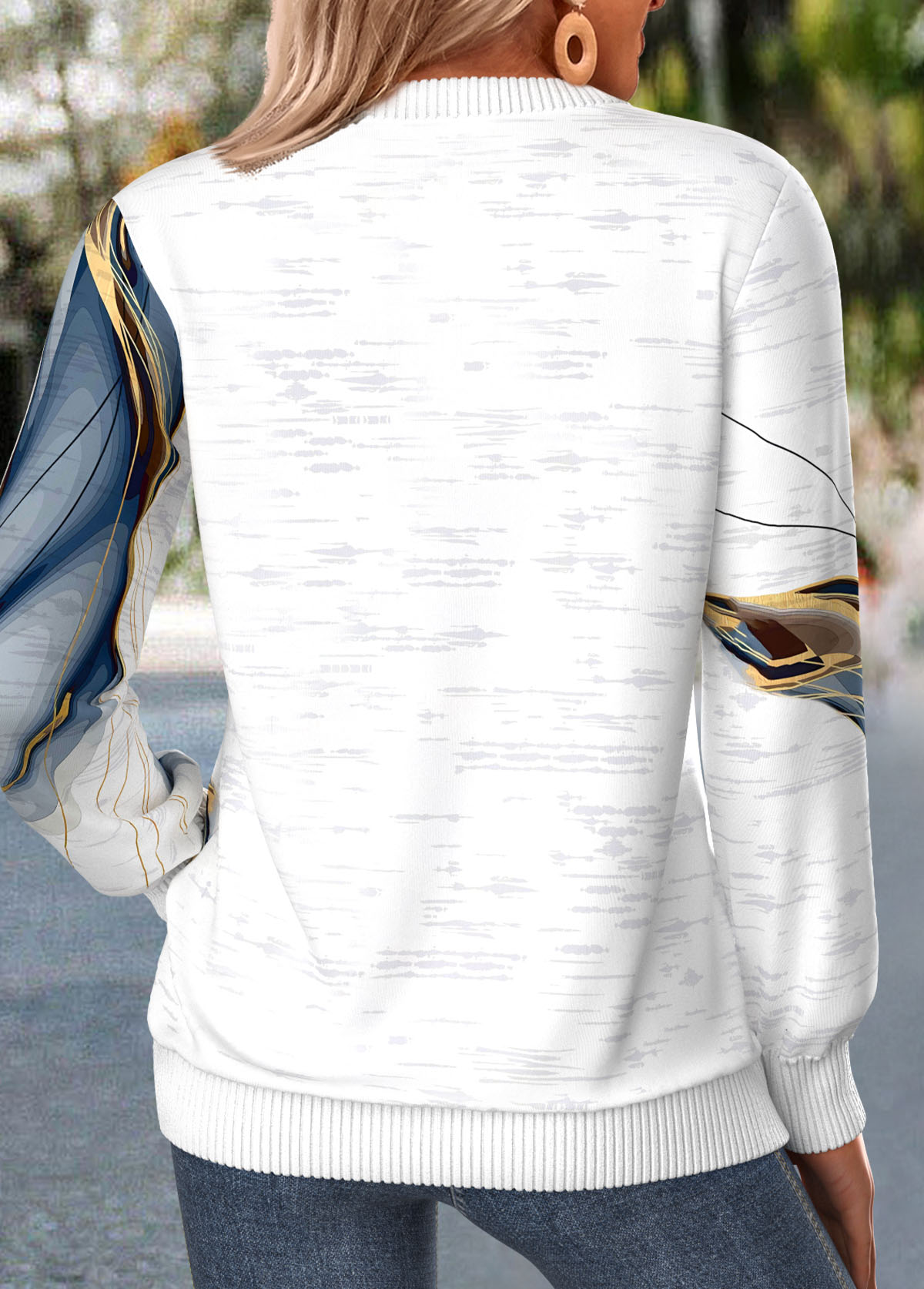 White Geometric Print Zipper Long Sleeve Round Neck Sweatshirt | picture 