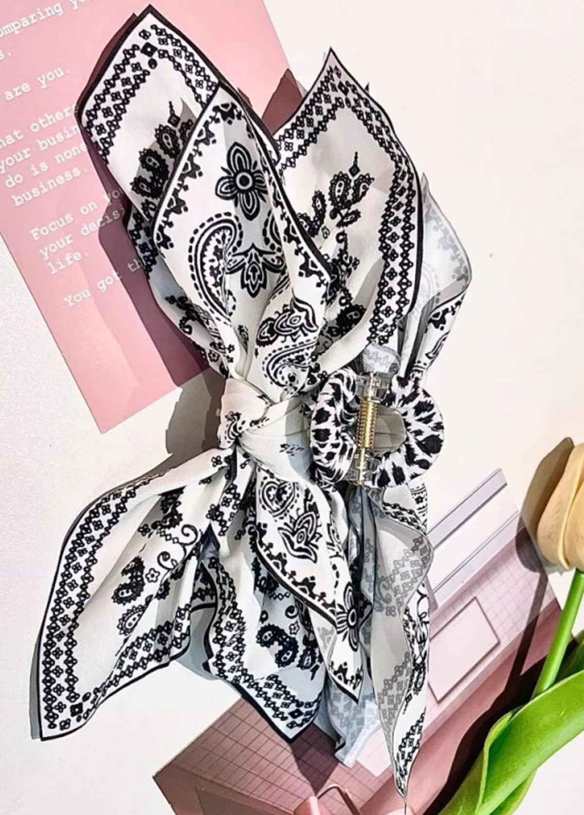 White Paisley Print Bow Hair Barrette Clip | picture 