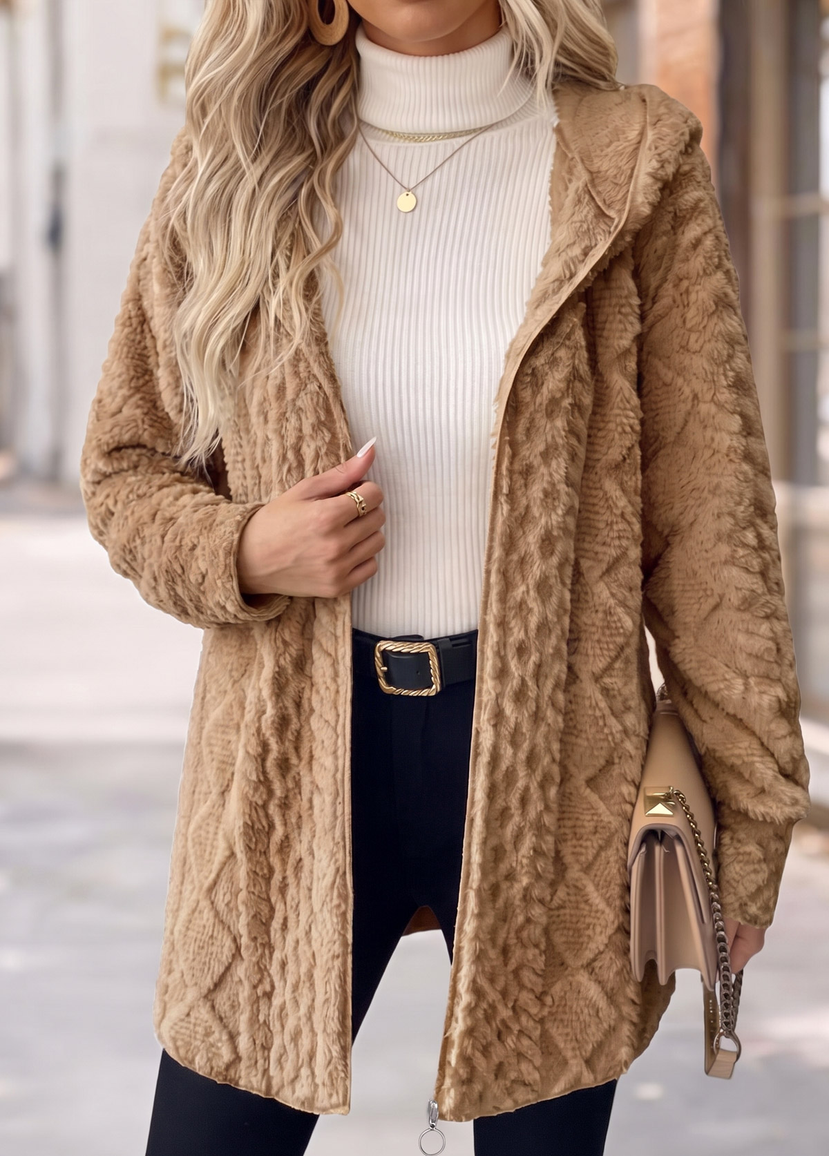 Light Coffee Tummy Coverage Long Sleeve Hooded Coat | picture 