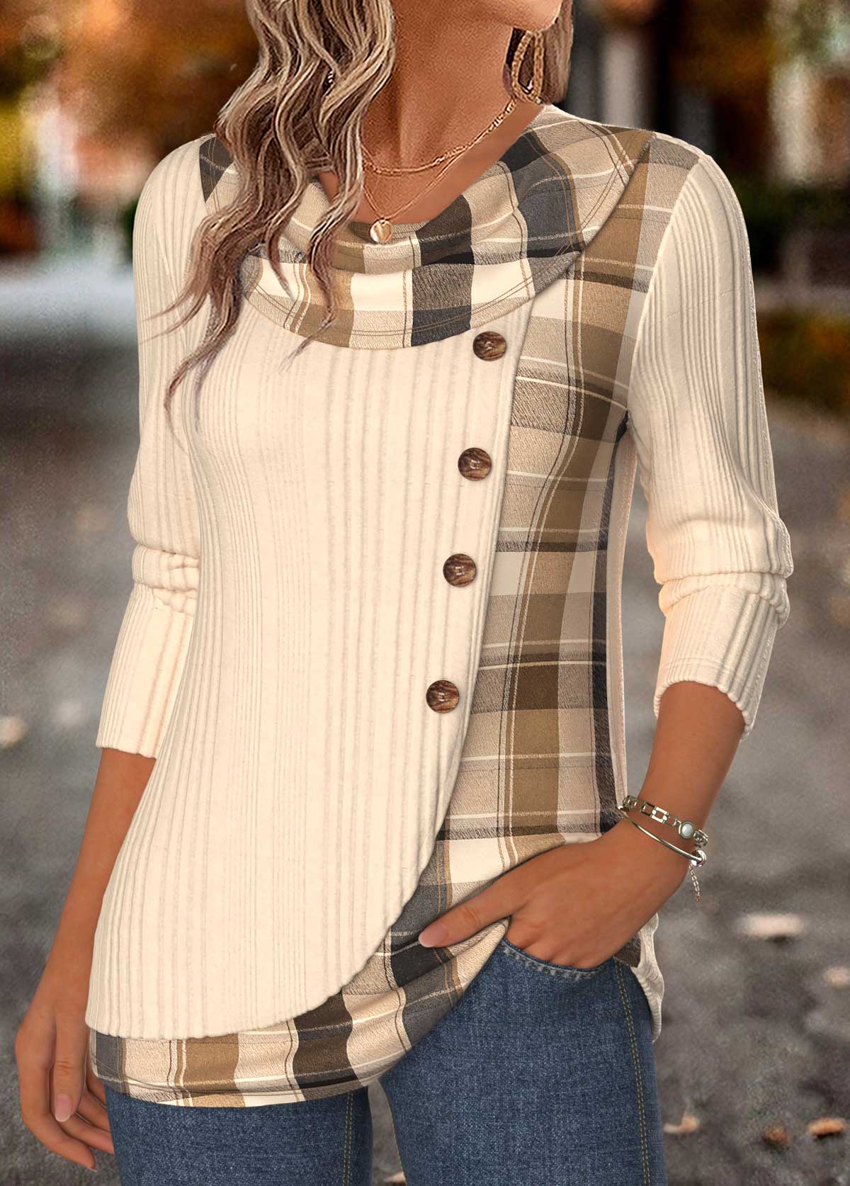 Beige Plaid Patchwork Long Sleeve Draped Neck T Shirt | picture 