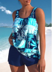 Tie High Waisted Tropical Plants Print Tankini Set