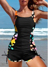 Patchwork Mid Waisted Floral Print Black Tankini Set