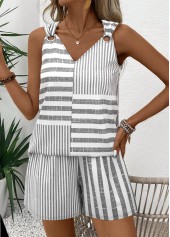 Grey Striped Sleeveless V Neck Tank Top and Shorts