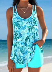 Curved Hem Light Blue Ocean Print Tankini Set