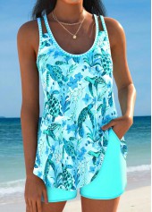 Curved Hem Light Blue Ocean Print Tankini Set | thumb picture 