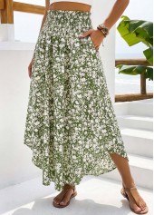 Green Pocket Ditsy Floral Print A Line Maxi Skirt