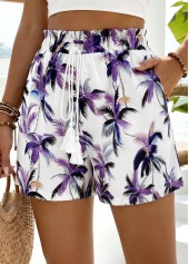 Purple Plants Print Elastic Waist High Waisted Shorts
