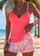 Coral Mid Waisted Tummy Coverage Paisley Print Tankini Set