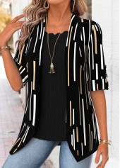 Black Geometric Print 3/4 Sleeve Fake Two Piece Twinset