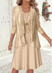 Gray Brown Geometric Print Two-piece Dress and Cardigan