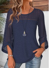 Navy Patchwork 3/4 Sleeve Round Neck Blouse | thumb picture 