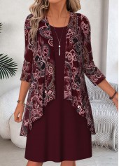 Wine Red Paisley Print Two-piece Dress and Cardigan